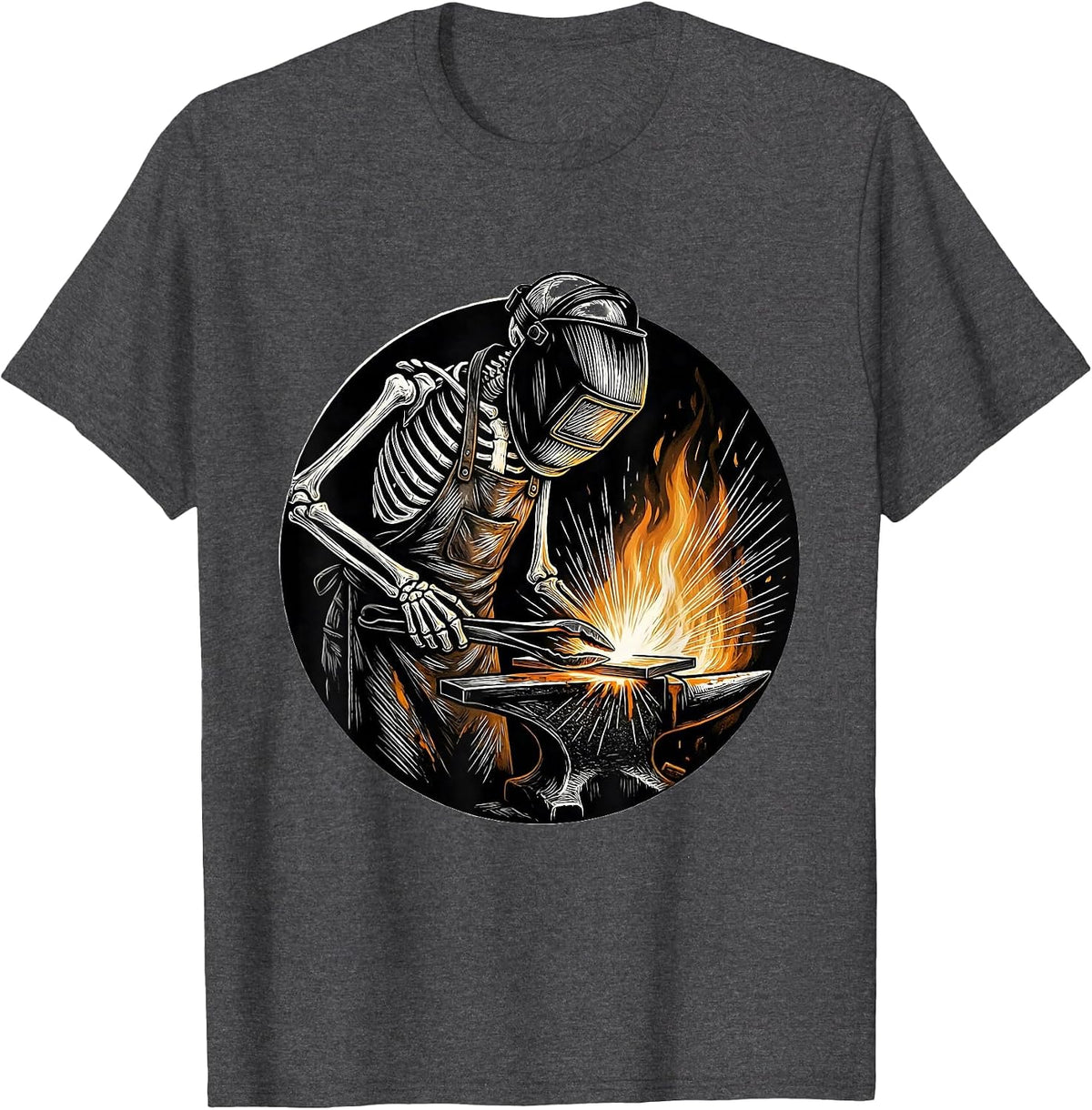 Skeleton Welder at the Forge Graphic Tee T-Shirt - Dark Heather Grey