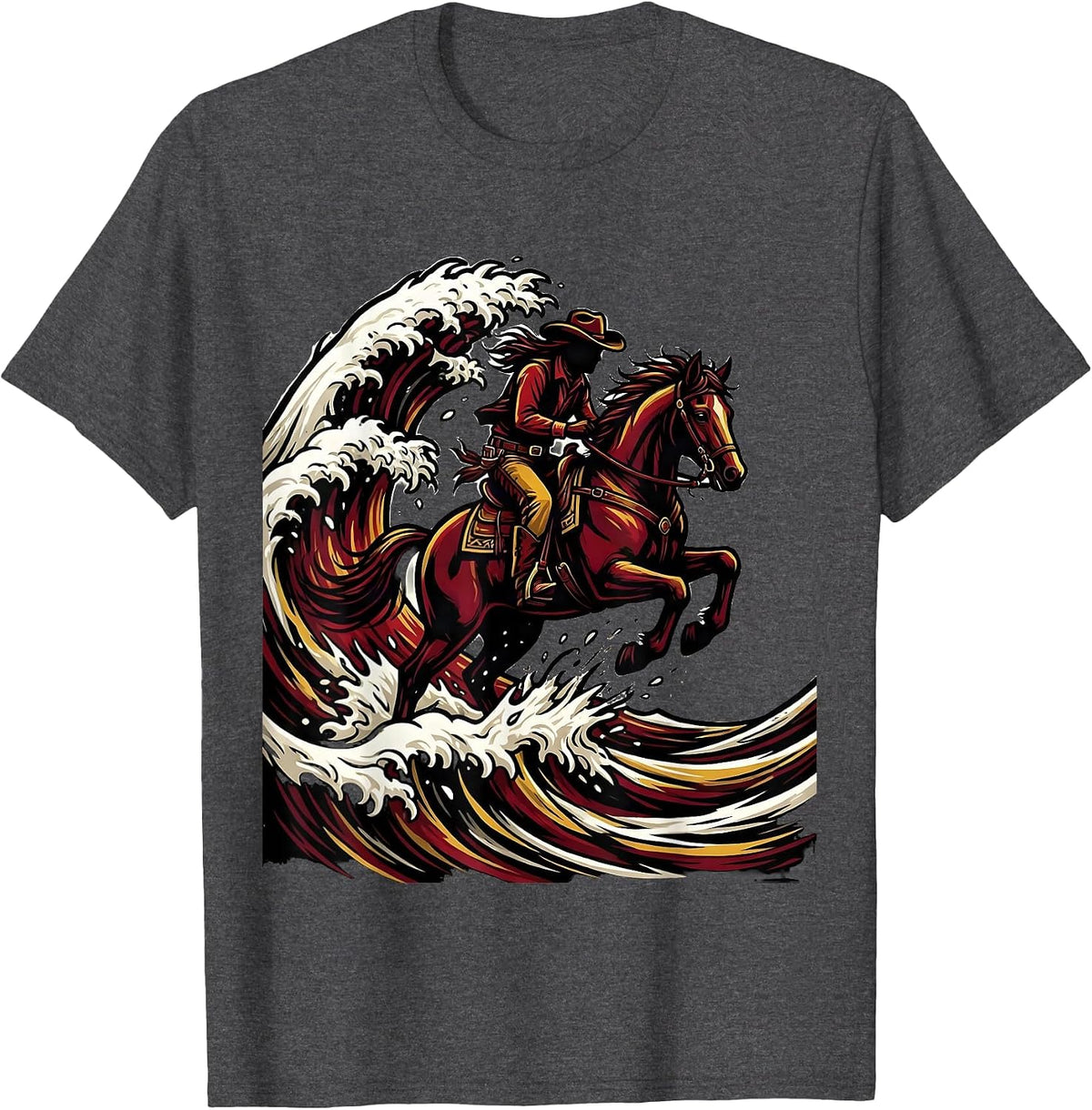 Cowgirl Riding Horse Through Ocean Waves T-Shirt - Dark Heather Grey