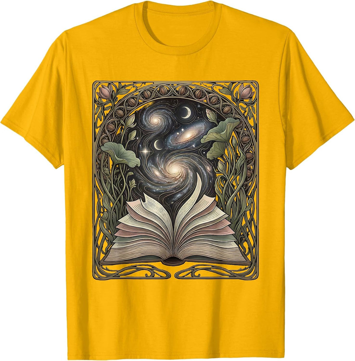 Open Book Galaxy Illustration Cosmic Reading T-Shirt - Golden Yellow