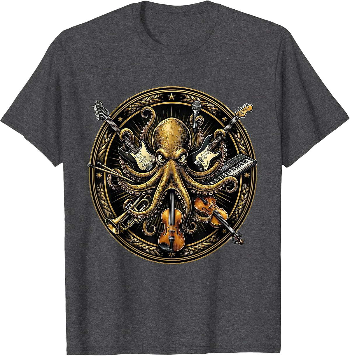 Octopus Rock Band Musician Graphic Tee T-Shirt - Dark Heather Grey