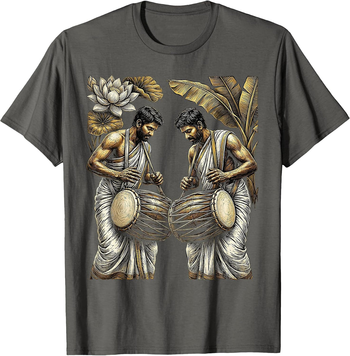 Onam Chenda Drummers Traditional Mundu Illustration T-Shirt - Asphalt Grey