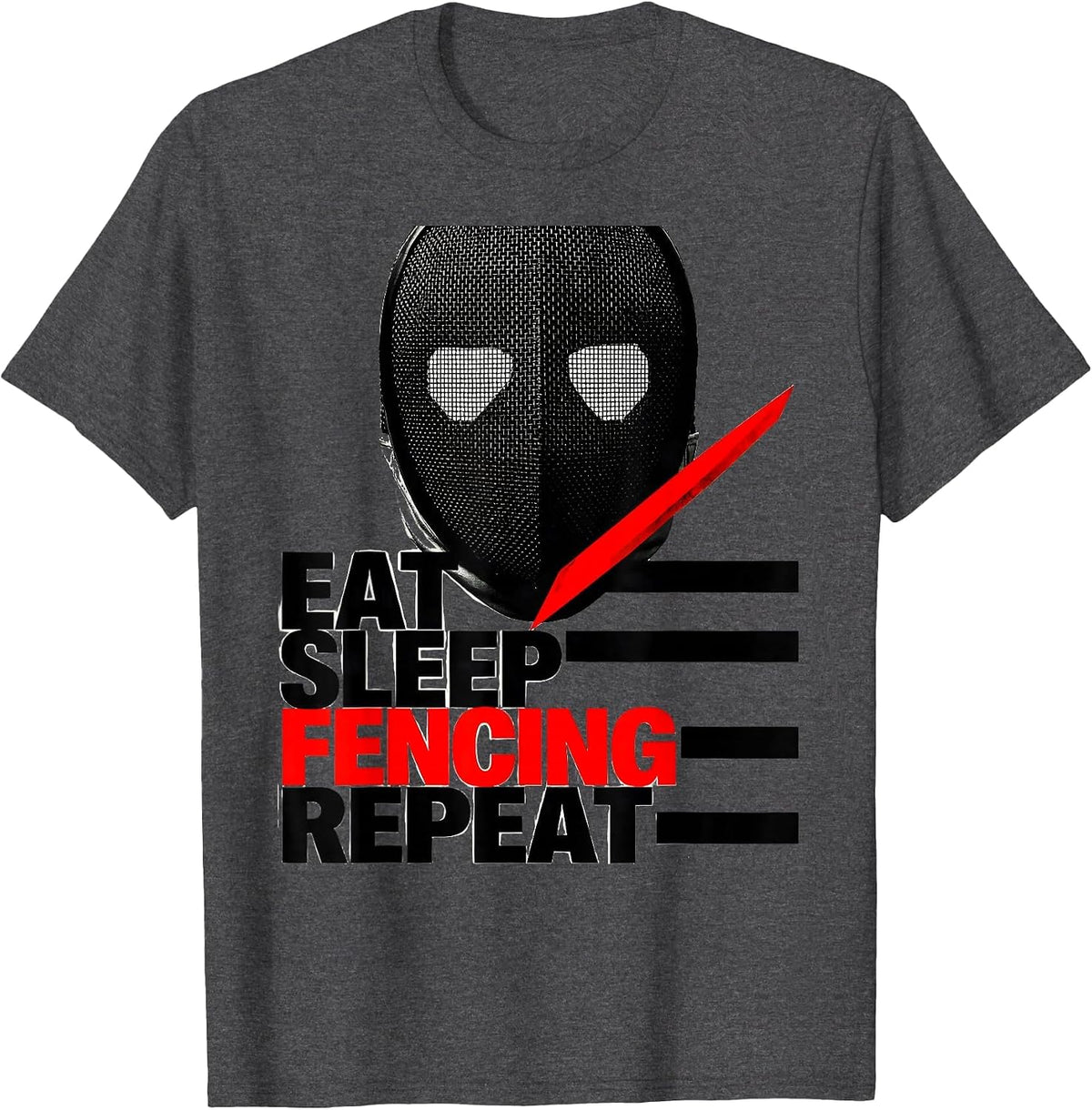 Men's EAT SLEEP FENCING REPEAT Brutalist Graphic Sport Fan Humor T-Shirt - Dark Heather Grey