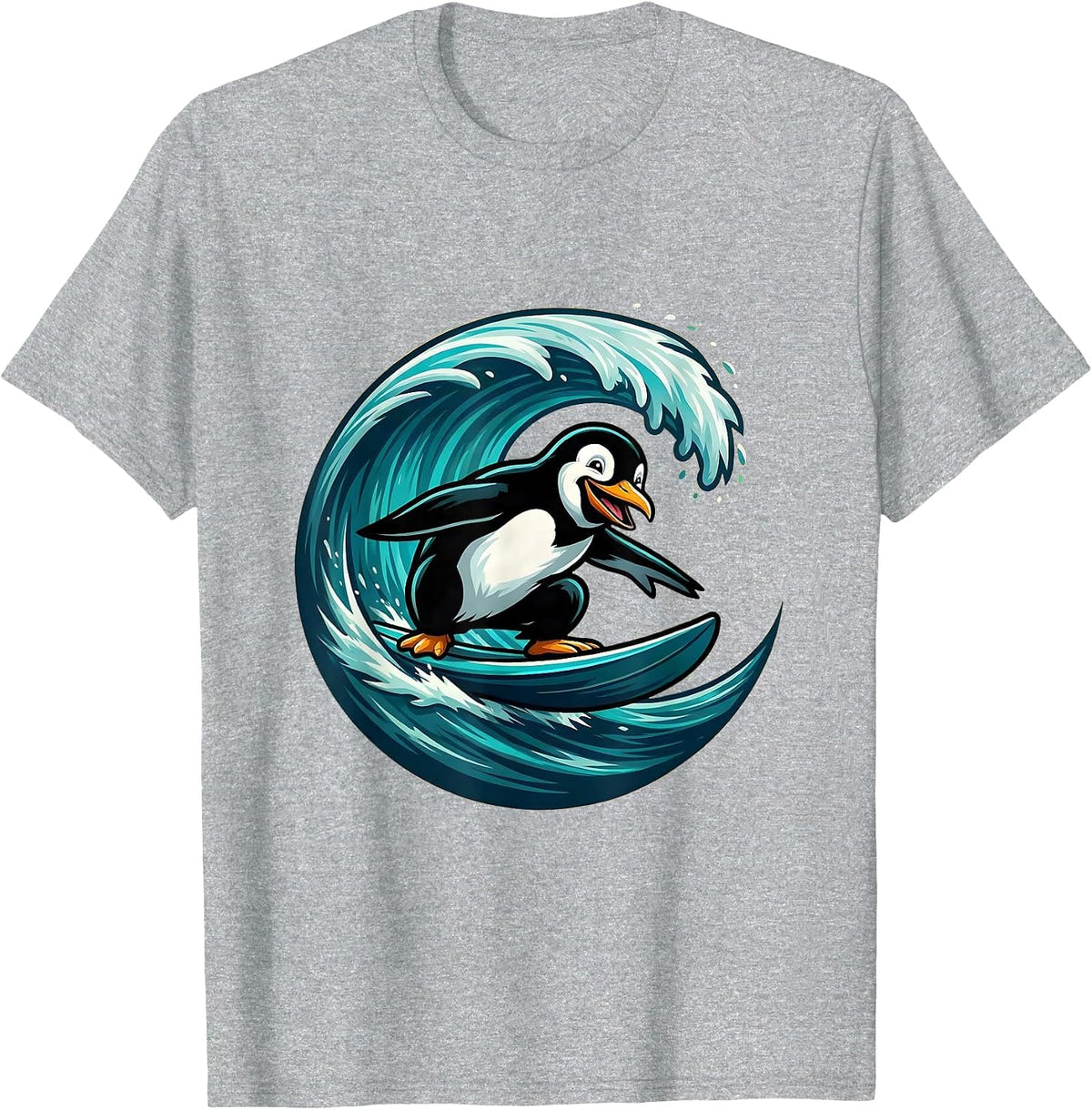Men's Penguin Surfing a Giant Ocean Wave T-Shirt - Heather Grey