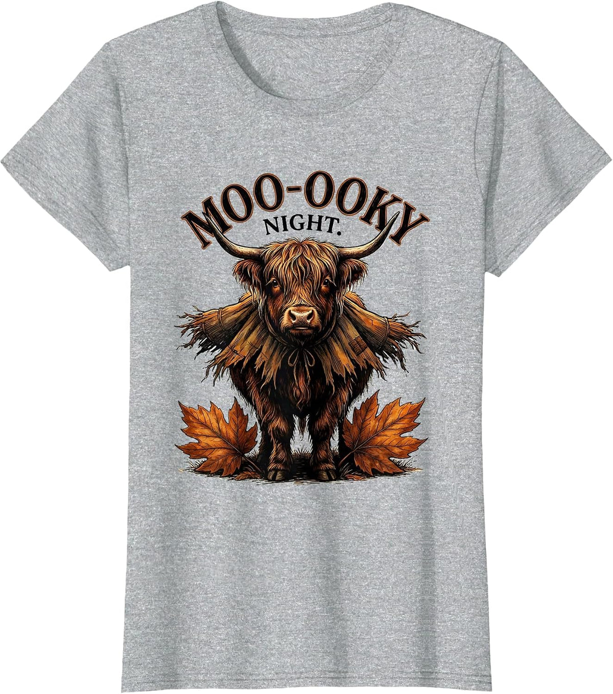 Moo-ooky Night Whimsical Highland Cow Halloween Fall Costume T-Shirt - Heather Grey