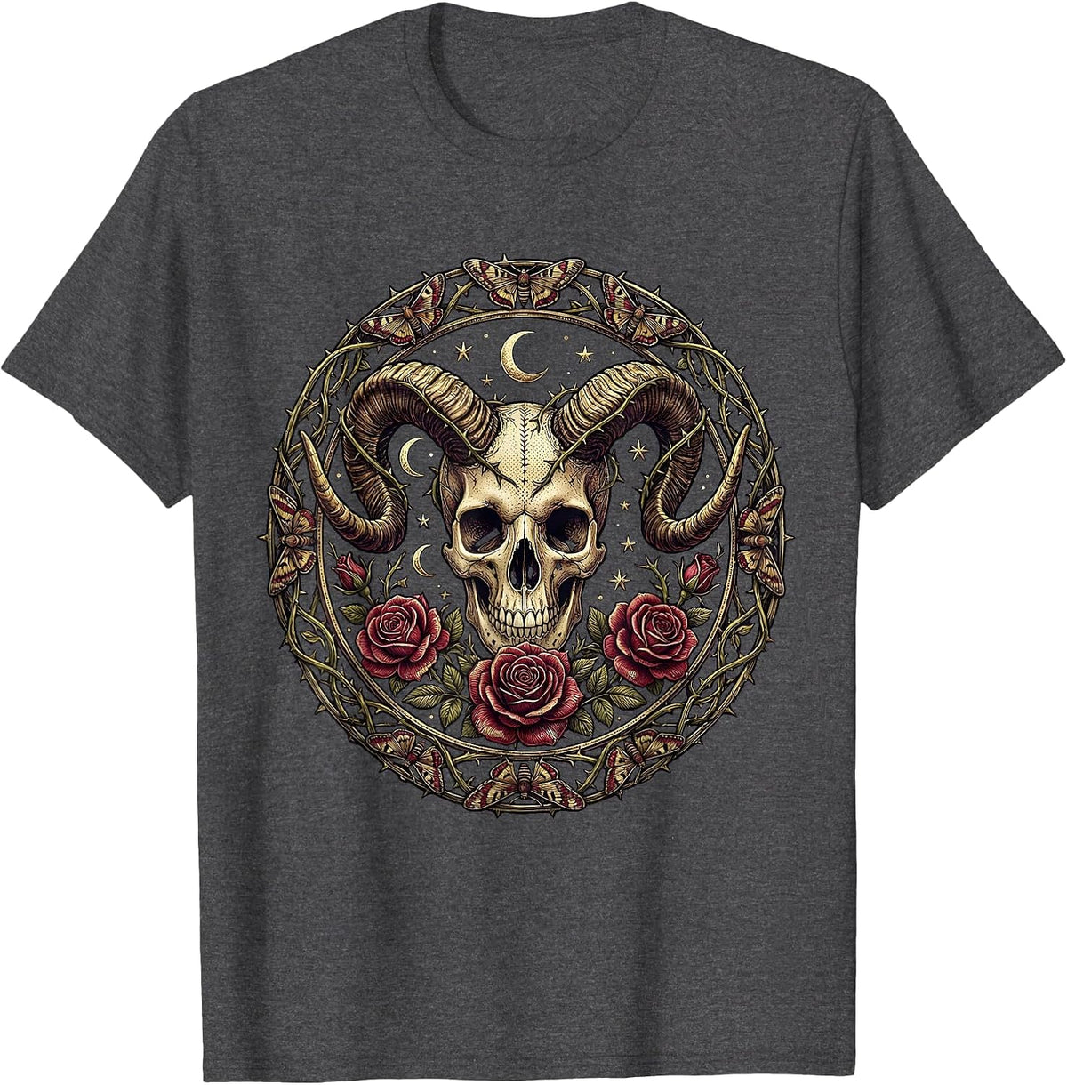 Men's Skull Ram Horns and Roses Gothic Dark Art Design T-Shirt - Dark Heather Grey