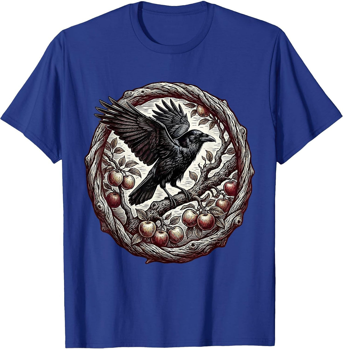Men's Crow on Apple Branch Fall Harvest Illustration T-Shirt - Royal Blue