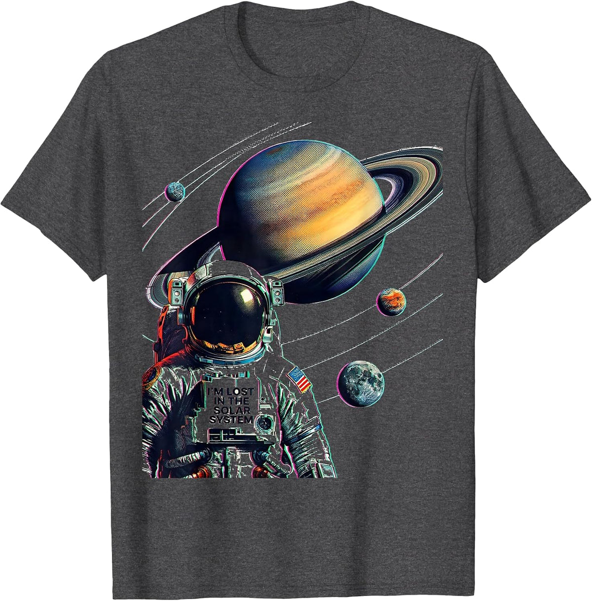 I’m Lost In The Solar System Risograph Funny Space T-Shirt - Dark Heather Grey