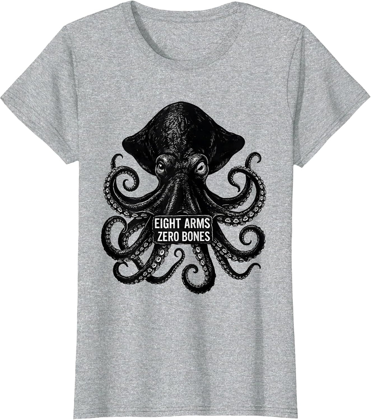 Eight Arms, Zero Bones Scratchboard Octopus Sea Creature T-Shirt - Heather Grey