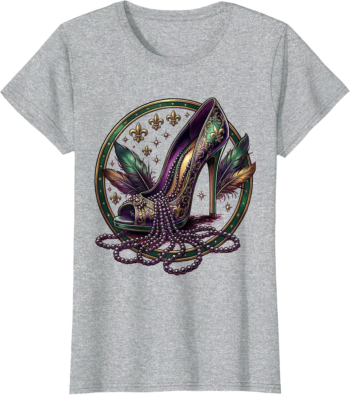 Mardi Gras High Heel Beads Festive Illustration T-Shirt - Heather Grey