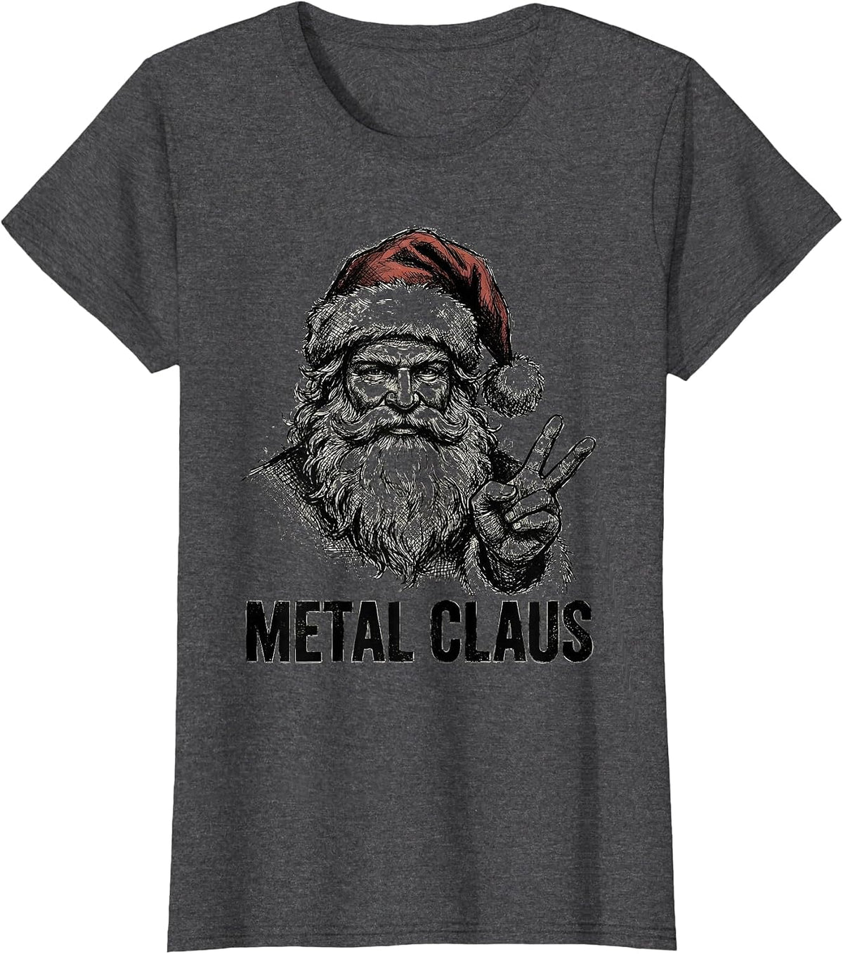 Women's Metal Claus Hand Sketched Heavy Metal Rock Santa Christmas T-Shirt - Dark Heather Grey