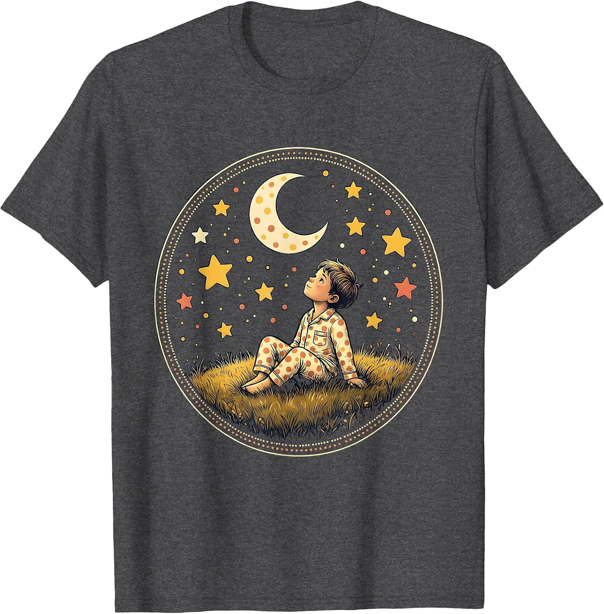 Dotted Pajamas Stargazing Kid Night Sky Design T-Shirt - Dark Heather Grey
