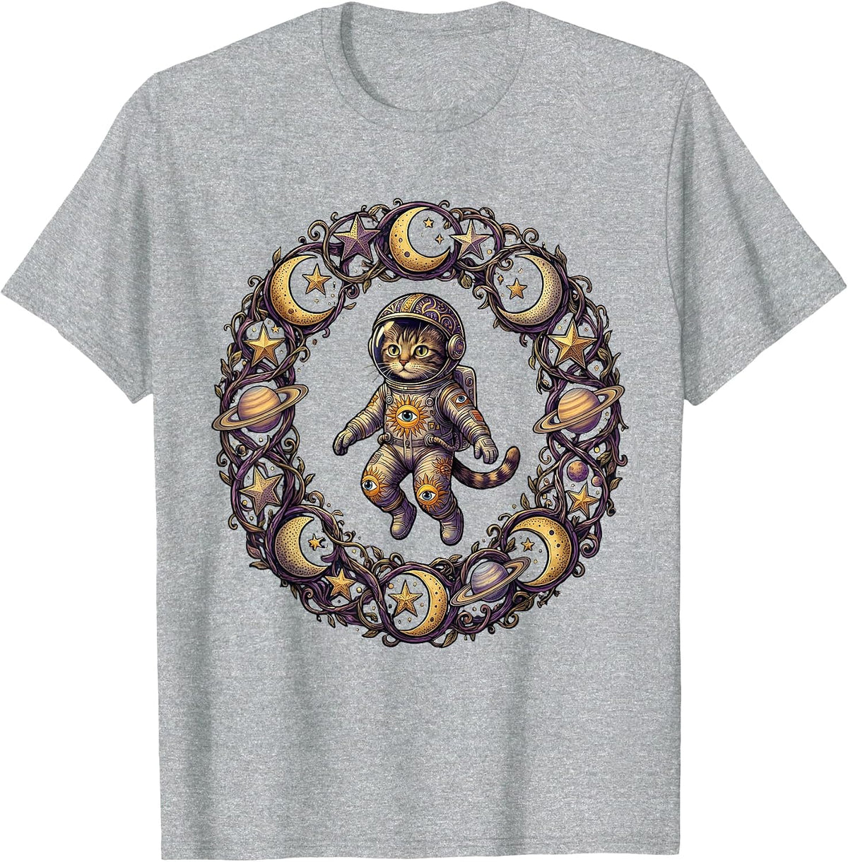 Men's Cat Astronaut Floating in Outer Space Illustration T-Shirt - Heather Grey