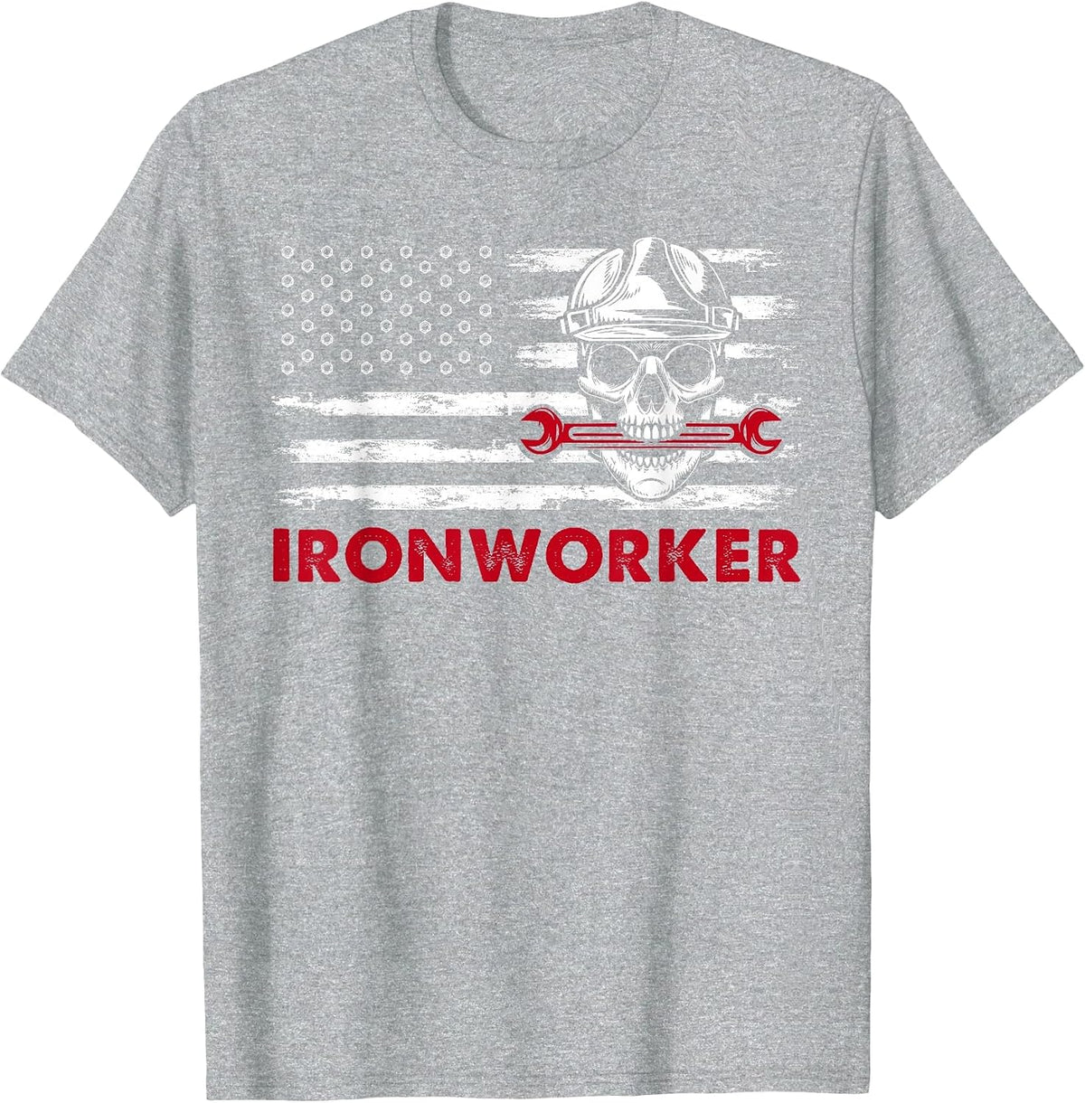 Ironworker Tools USA Flag Skull Wrenches Funny T-Shirt - Heather Grey