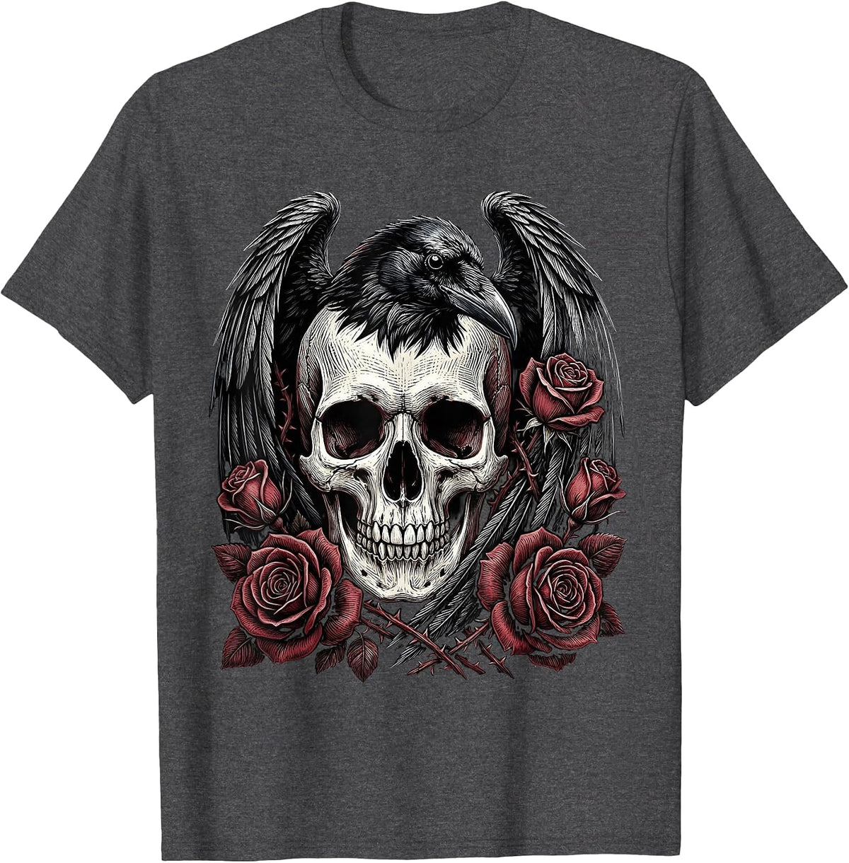 Raven Skull With Feathers and Roses Gothic Art T-Shirt - Dark Heather Grey