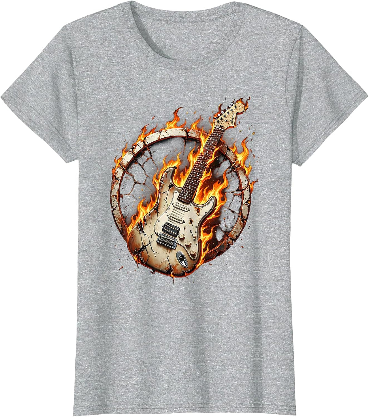 Flaming Electric Guitar Rock Music Graphic T-Shirt - Heather Grey