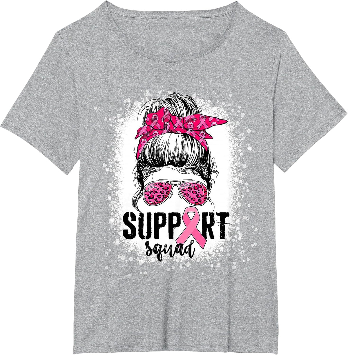 Support Squad Messy Bun Pink Warrior Breast Cancer Awareness T-Shirt - Heather Grey