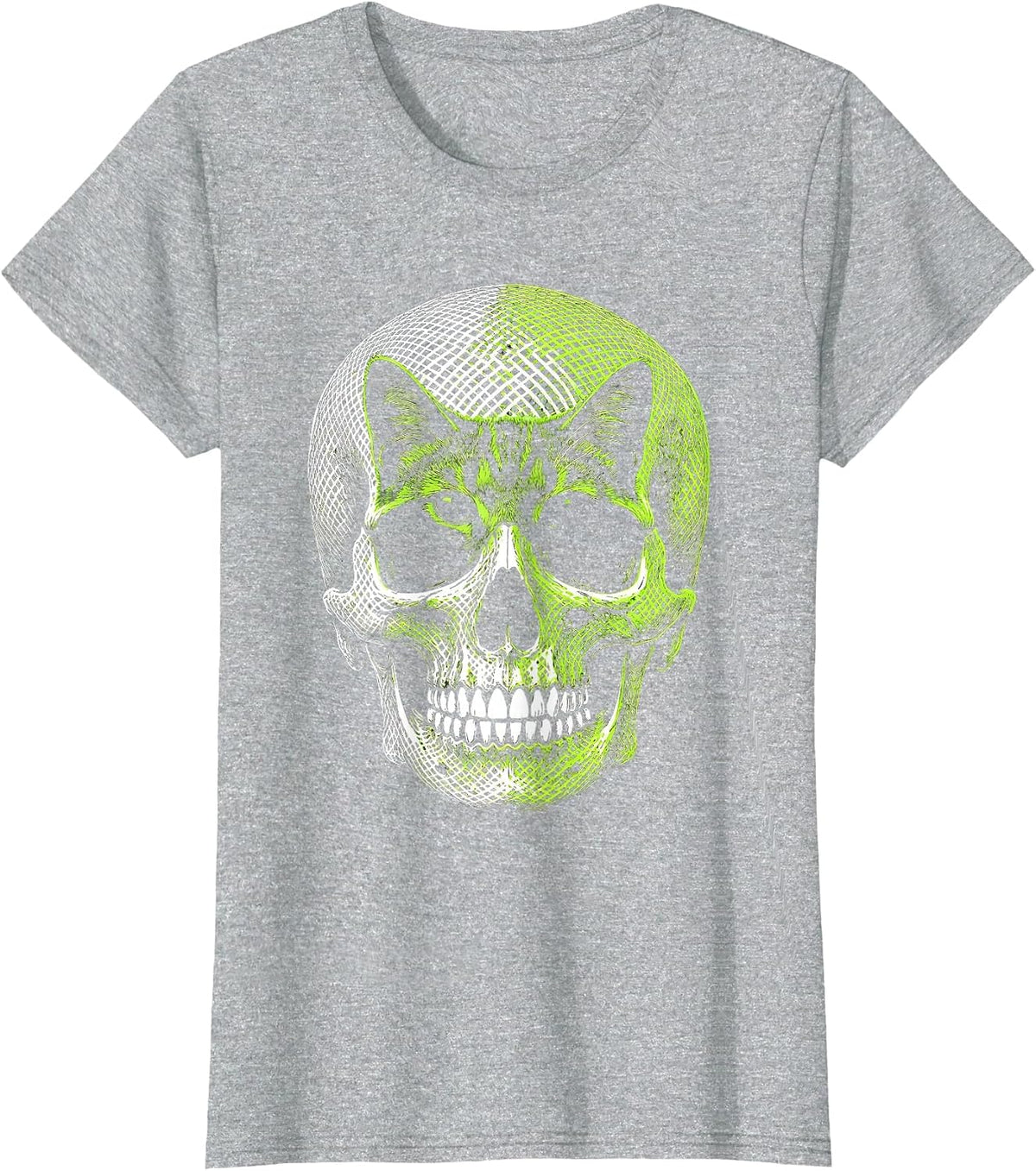 Women's Cat Skull Optical Illusion Gothic Halloween Cat Lover T-Shirt - Heather Grey