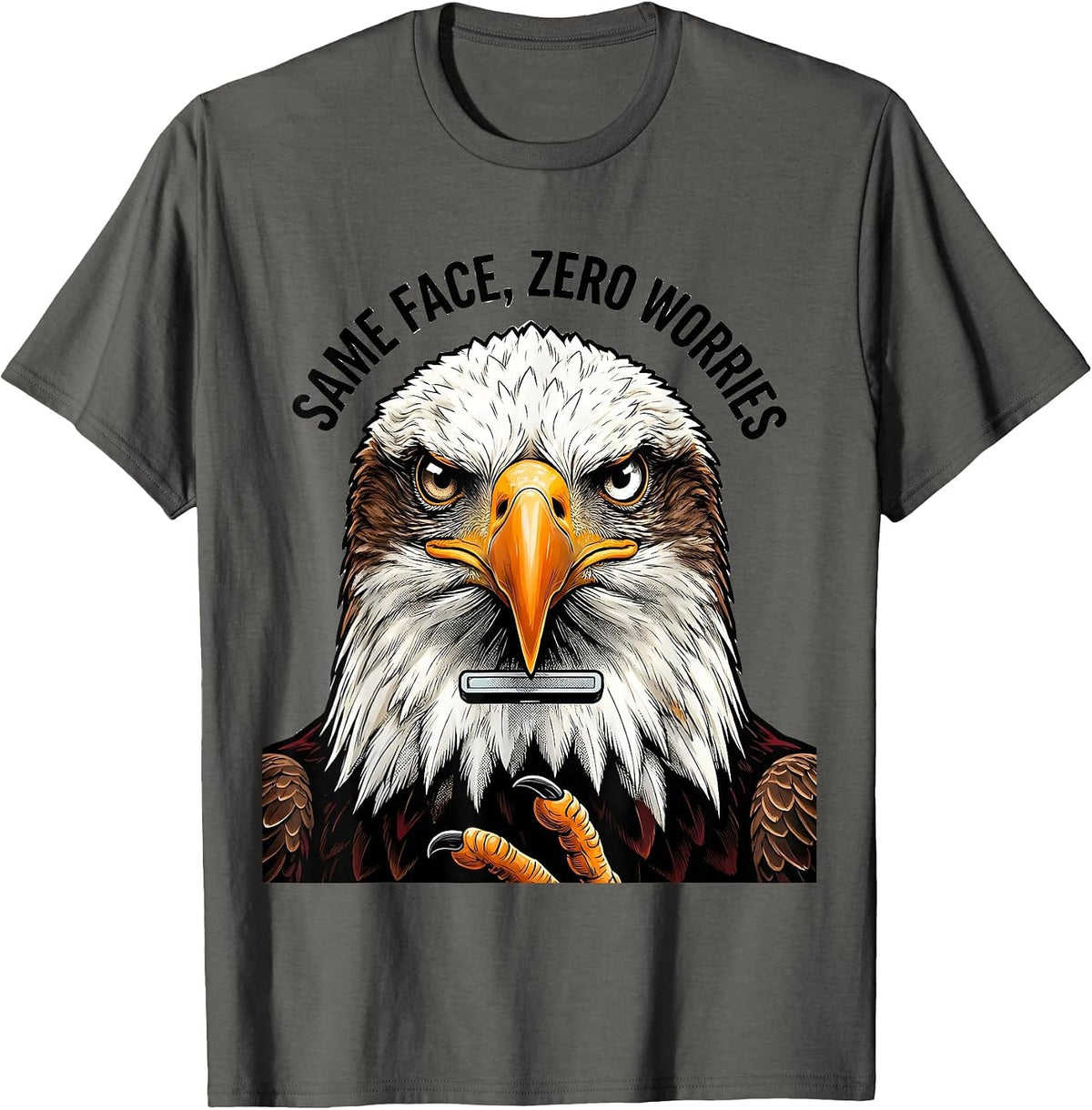Men's Same Face Zero Worries Comic Book Bald Eagle Mascot Humor T-Shirt - Asphalt Grey
