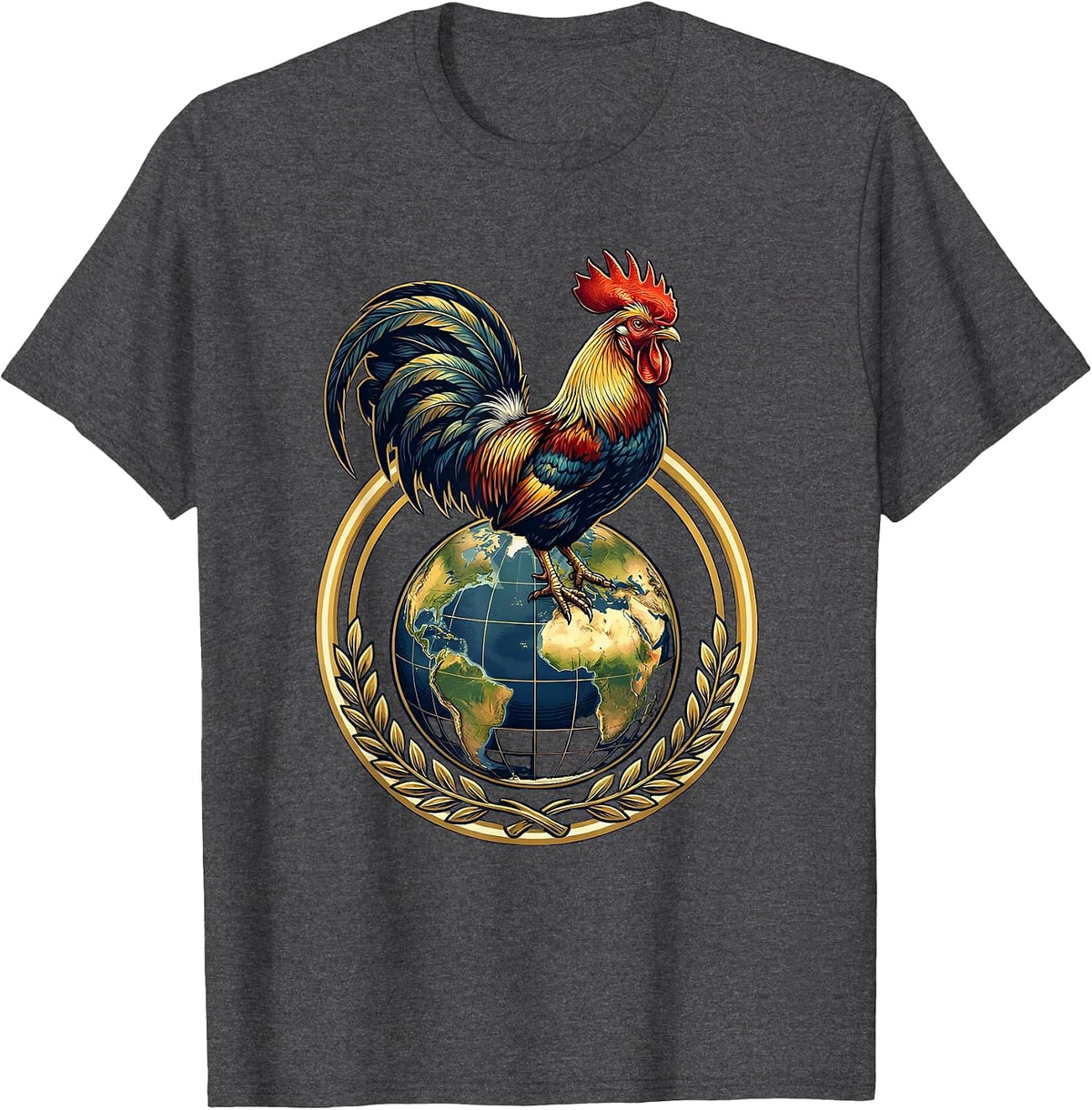 Men's Rooster Ruling the World Globe Graphic T-Shirt - Dark Heather Grey