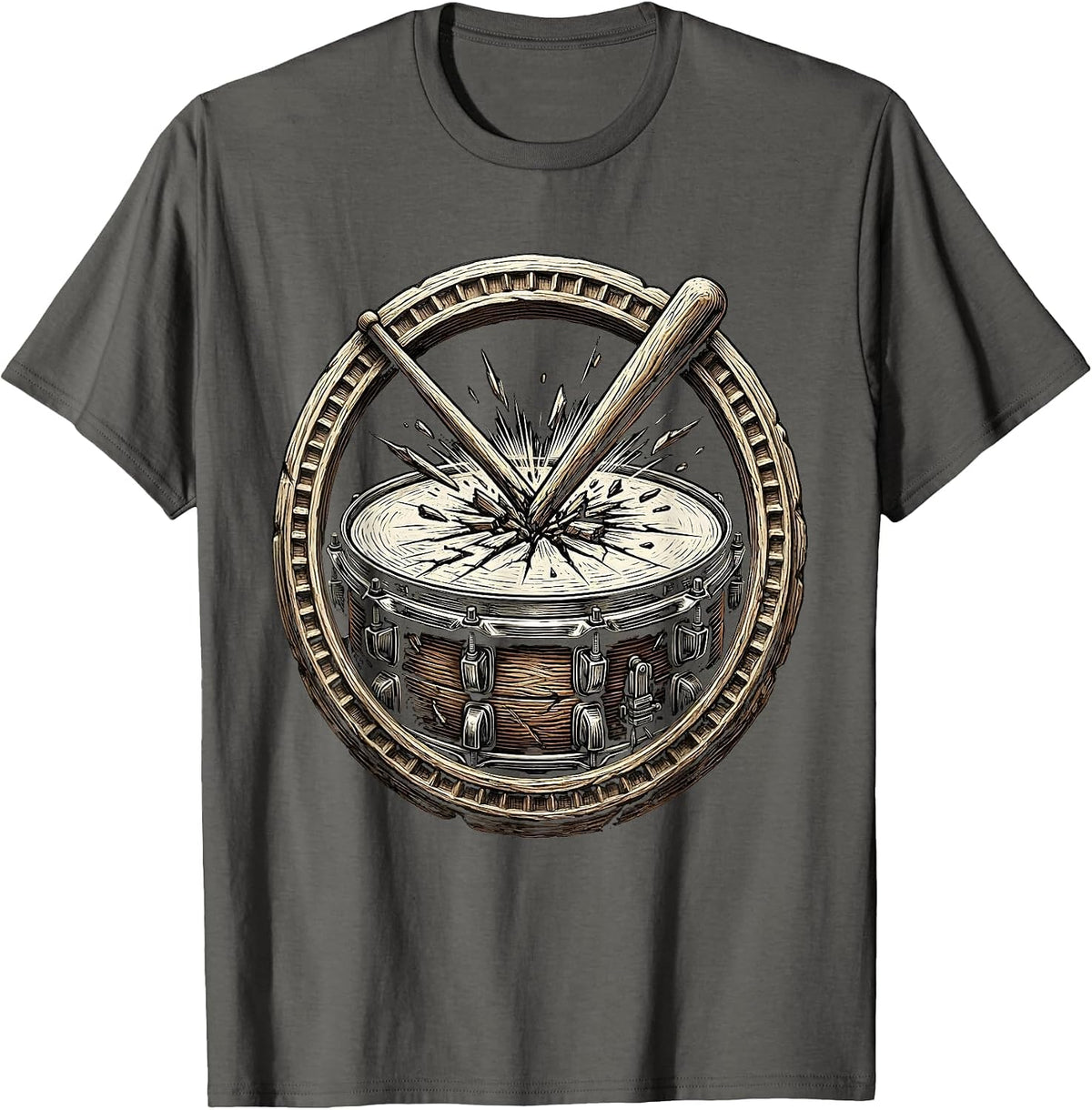 Broken Drumstick Snare Drum 90s Band Graphic T-Shirt - Asphalt Grey