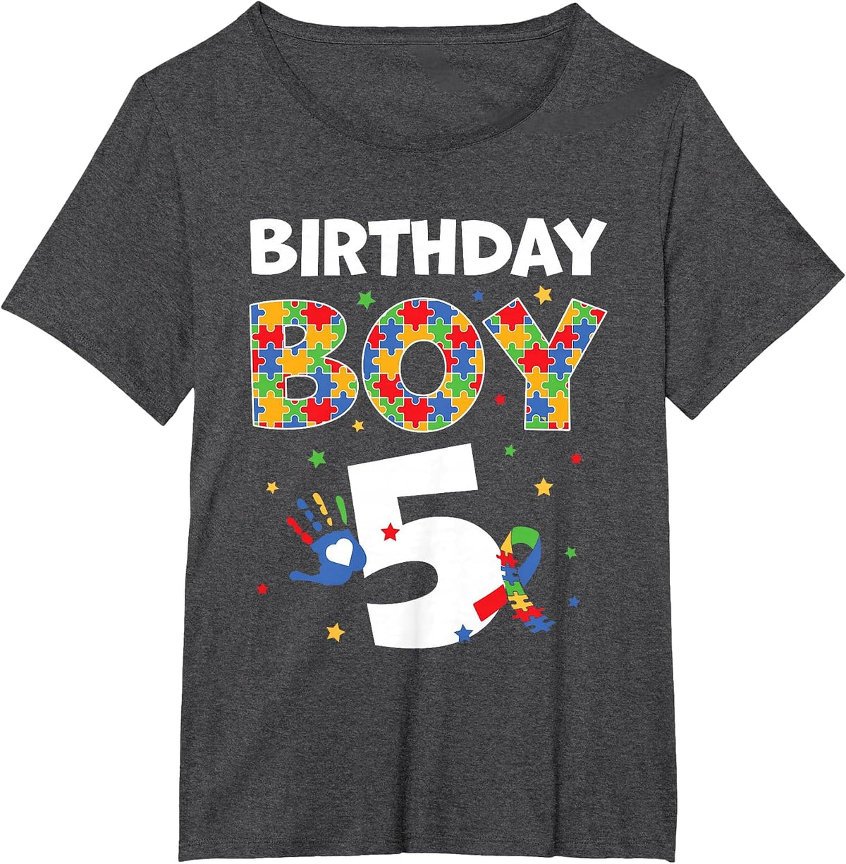 The 5th Birthday Boy Autism Awareness Puzzle Piece T-Shirt - Dark Heather Grey