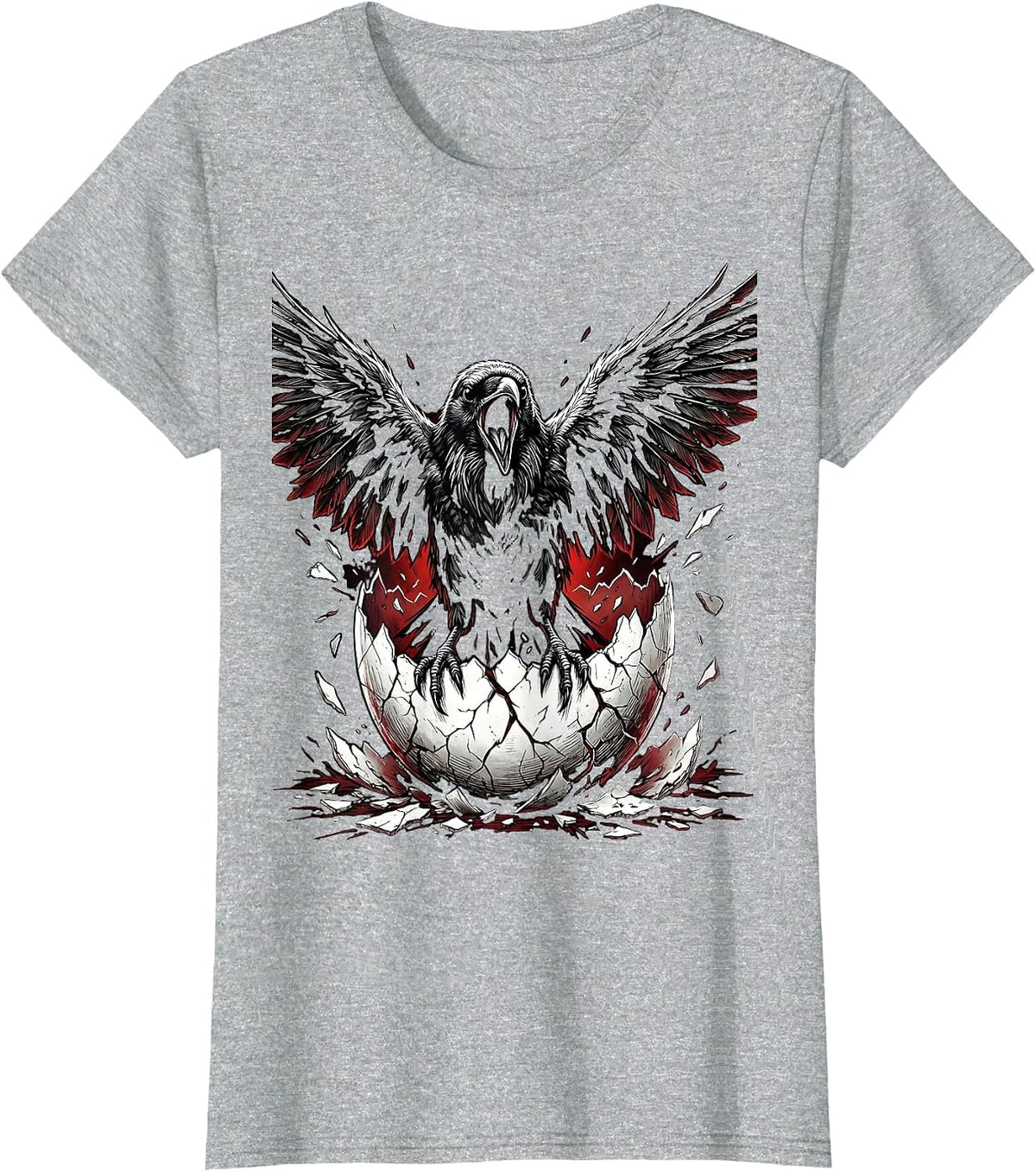 Crow Emerging From Broken Eggshell Illustration T-Shirt - Heather Grey