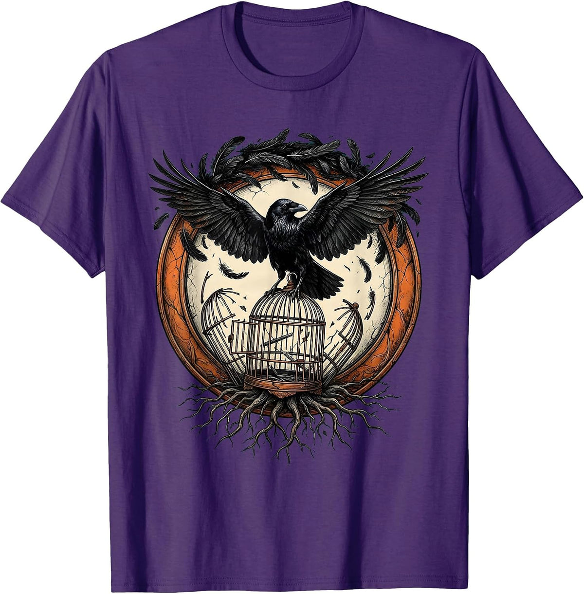 Crow Feathers Broken Cage Freedom Graphic T-Shirt - Purple