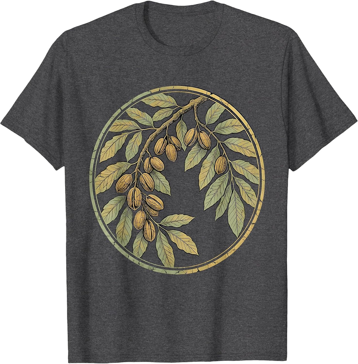 Texas Pecan Tree Branch Nuts and Leaves Illustration T-Shirt - Dark Heather Grey