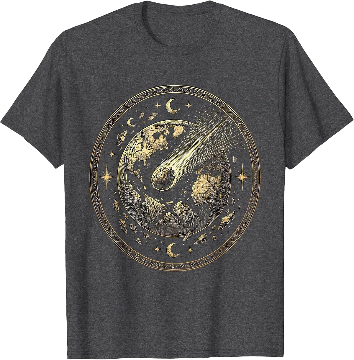 Comet and Crumbling Planet Space Art Design T-Shirt - Dark Heather Grey