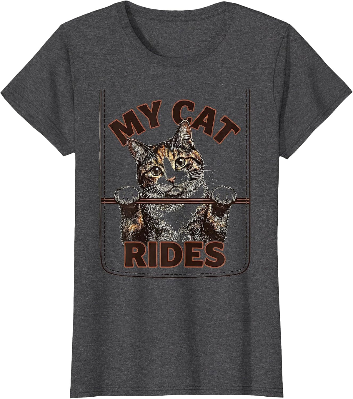 Women's My Cat Rides Funny Cat Lover Pet Portrait Casual Wear T-Shirt - Dark Heather Grey
