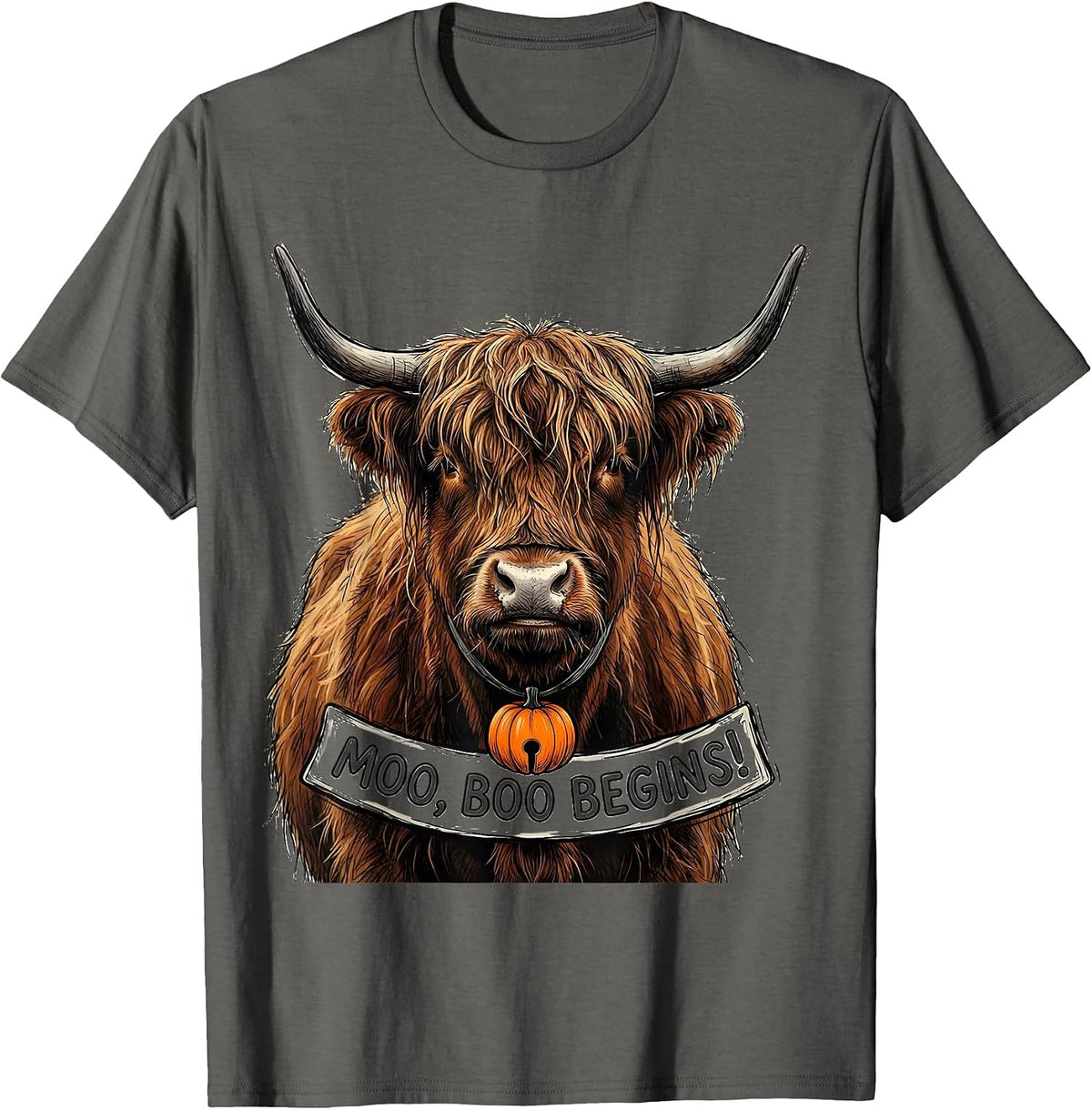 Moo, Boo Begins Funny Highland Cow Fall Halloween Humor T-Shirt - Asphalt Grey