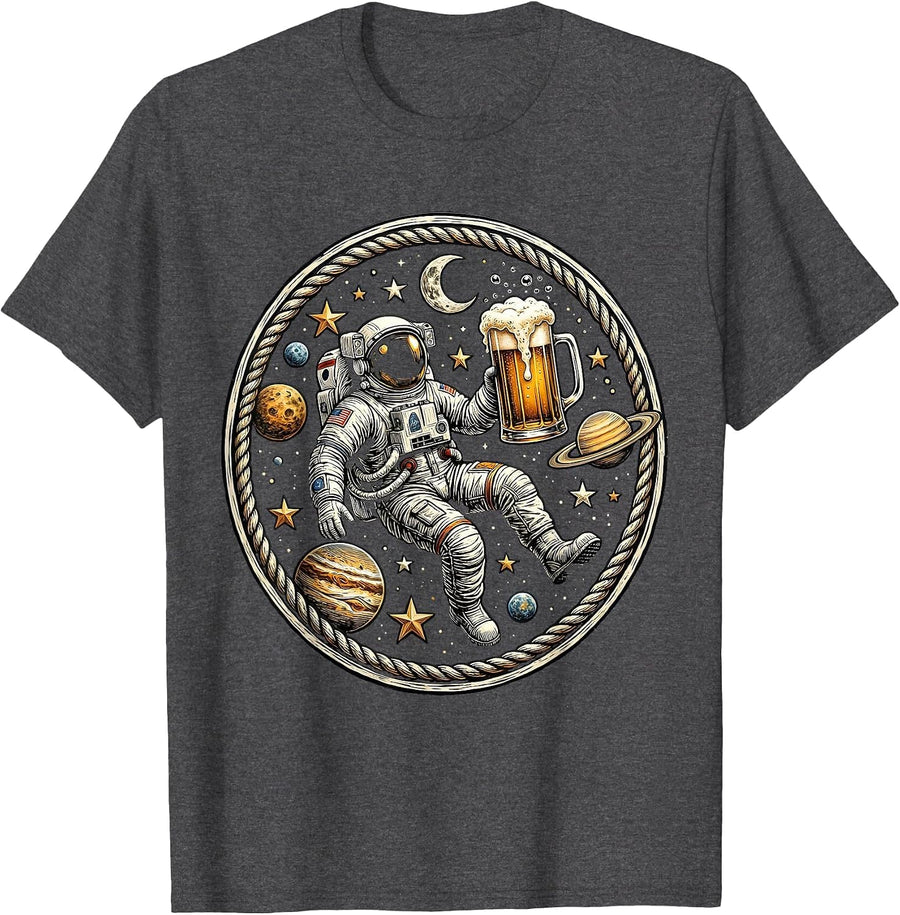 Men's Astronaut Floating With Beer in Outer Space T-Shirt - Dark Heather Grey