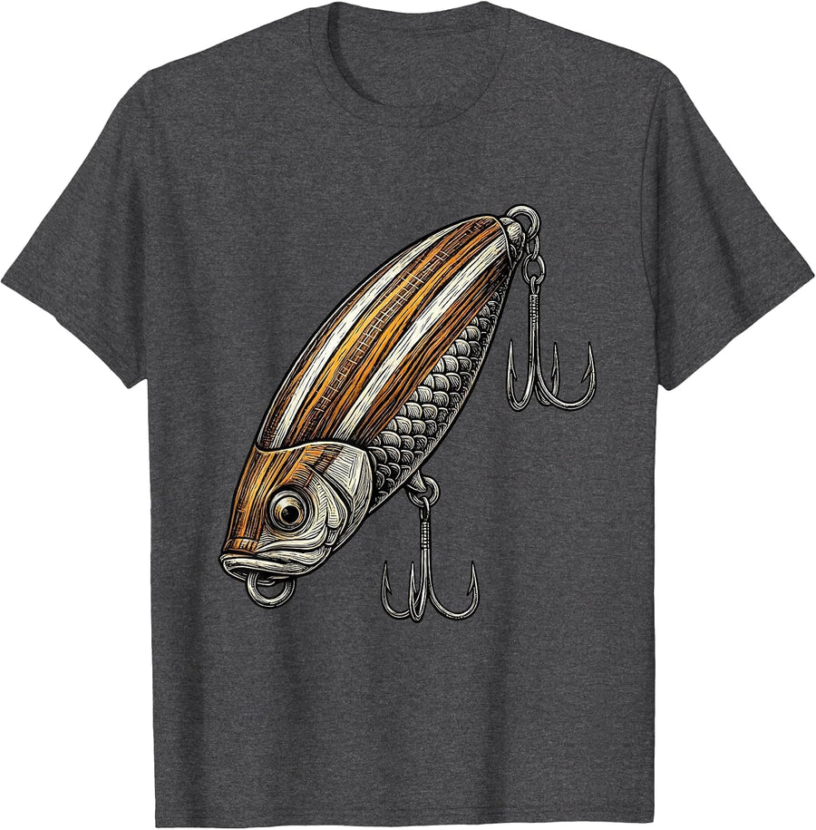 Men's Vintage Fishing Lure Treble Hook Illustration T-Shirt - Dark Heather Grey