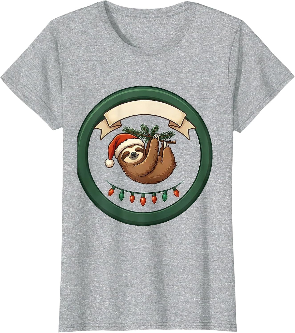 Sloth Santa Hat Christmas Lights Funny Holiday Pajama T-Shirt - Heather Grey