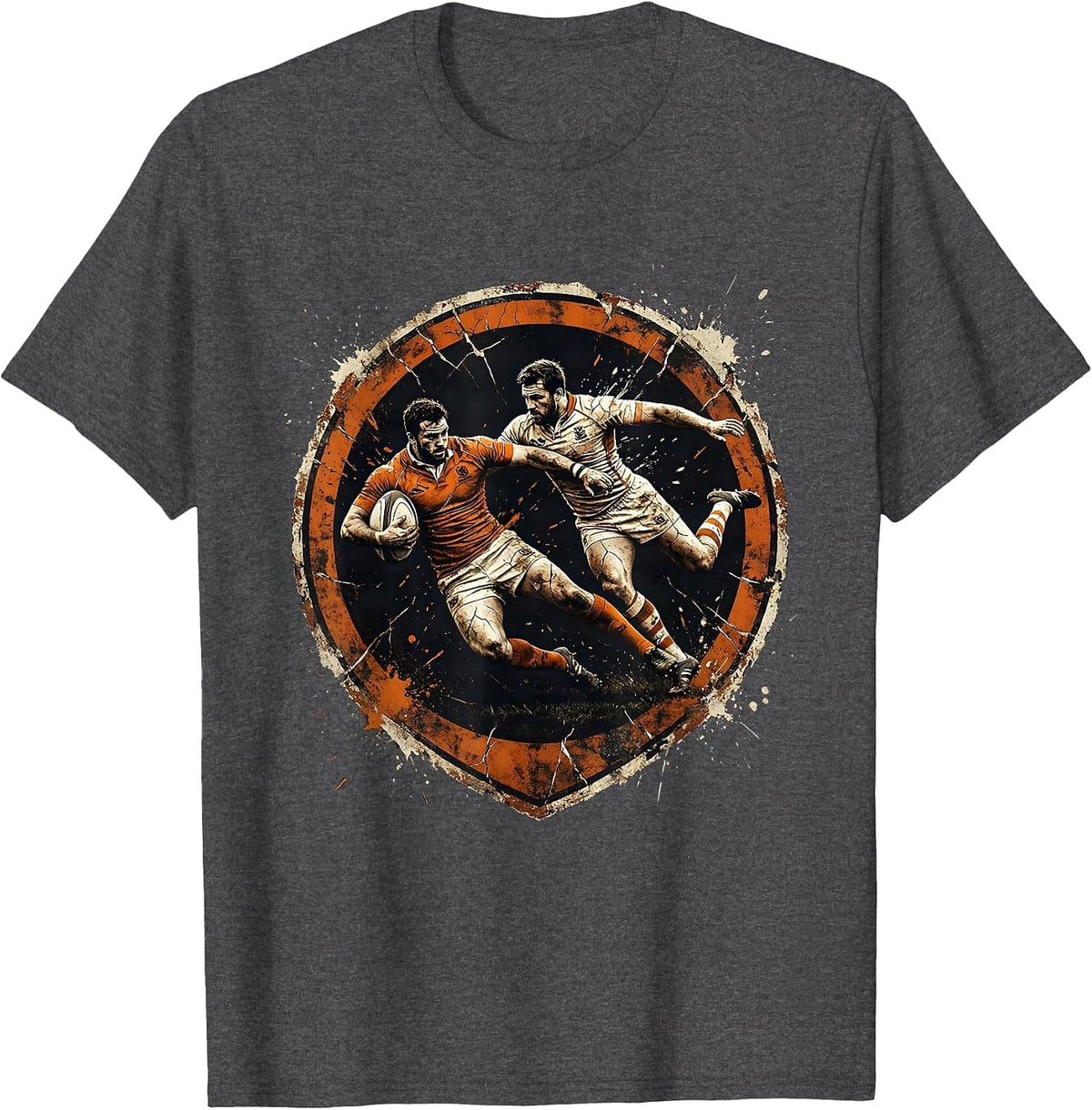 Rugby Mid-Air Collision Graphic Design T-Shirt - Dark Heather Grey