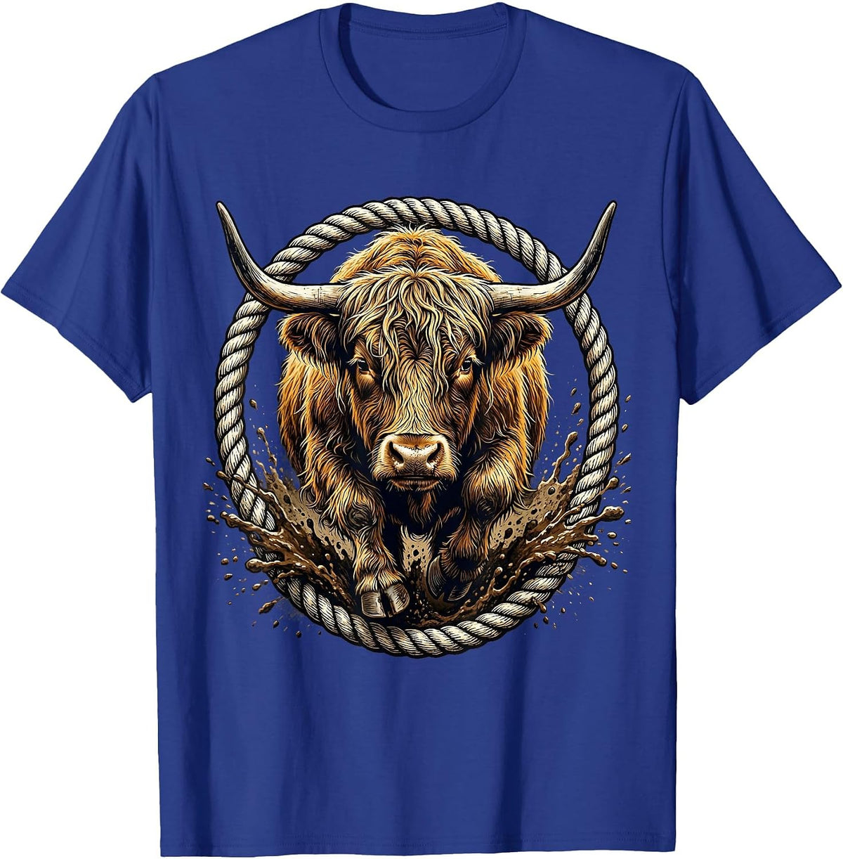 Highland Cow Charging Through Mud Graphic T-Shirt - Royal Blue