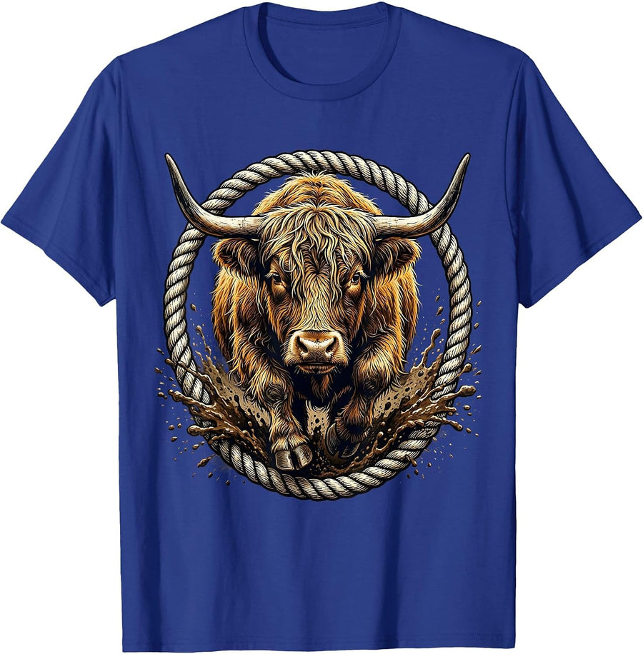 Highland Cow Charging Through Mud Graphic T-Shirt - Royal Blue