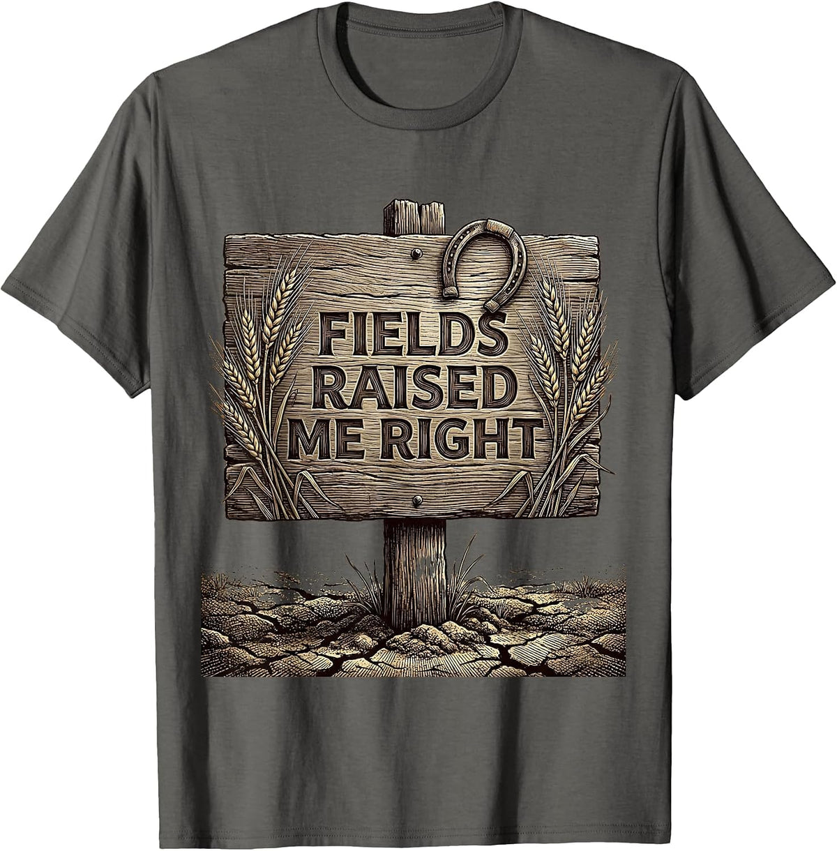 Men's Fields Raised Me Right Country Roots Design T-Shirt - Asphalt Grey