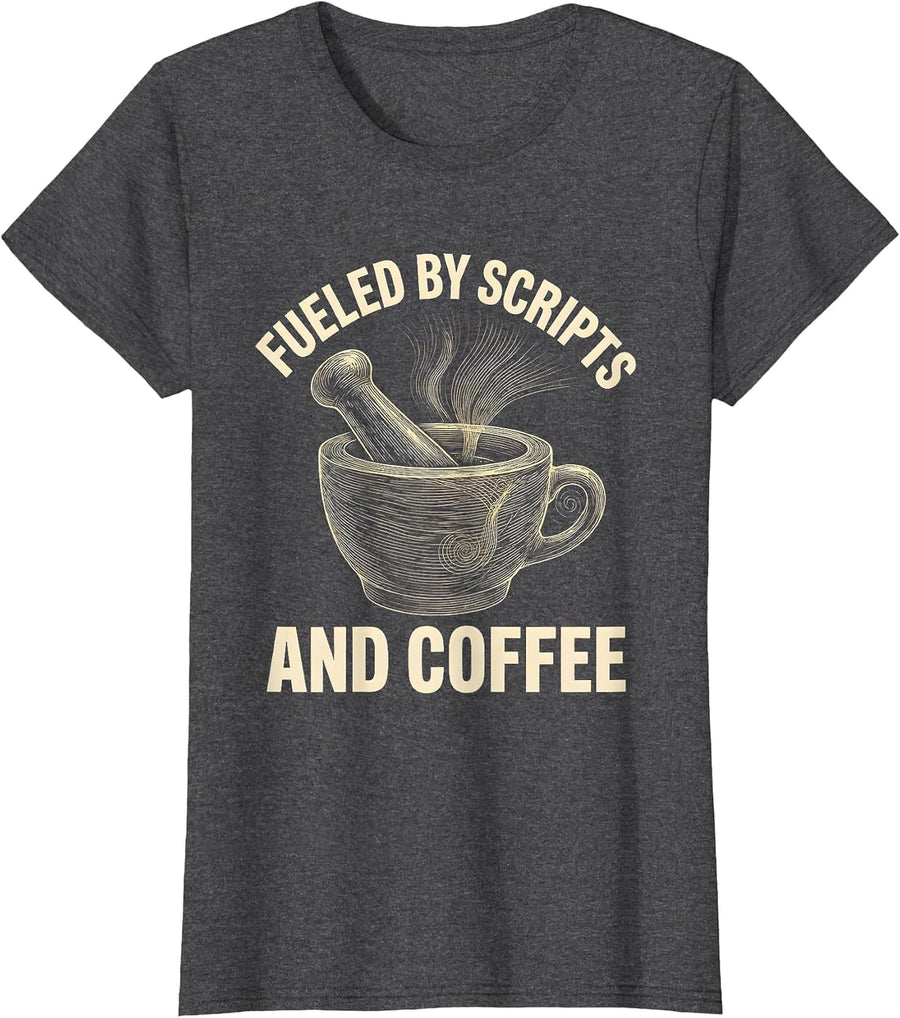 Women's Fueled by Scripts and Coffee Pharmacy Tech Design T-Shirt - Dark Heather Grey