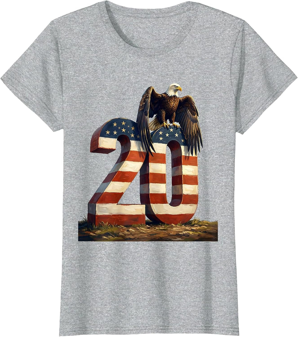 Hand Illustrated USA 250th Anniversary Eagle And Flag T-Shirt - Heather Grey