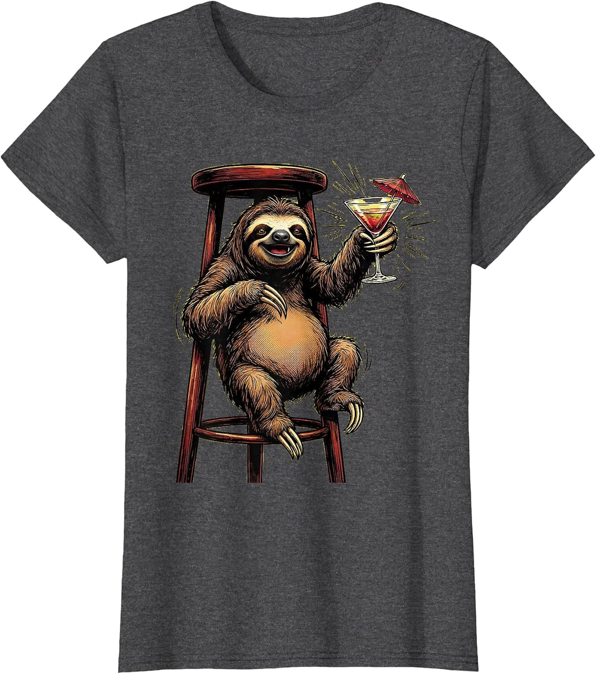 Women's Funny Sloth Hanging at the Bar Cocktail Design T-Shirt - Dark Heather Grey