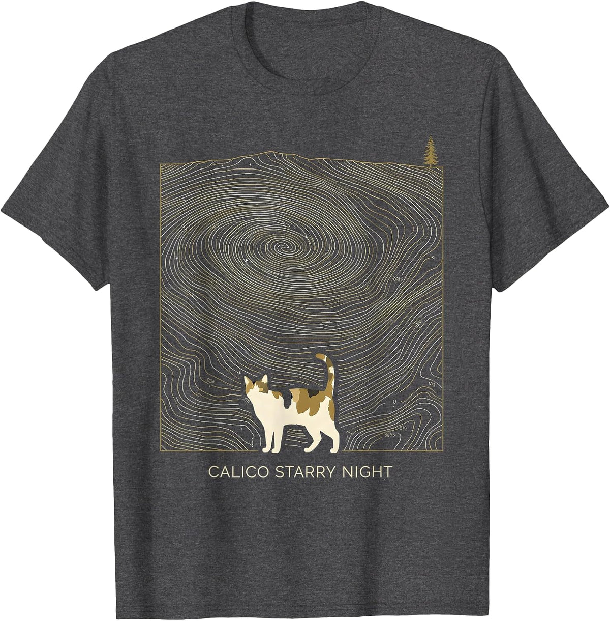 Men's Calico Starry Night Whimsical Van Gogh Cat Lover Art T-Shirt - Dark Heather Grey
