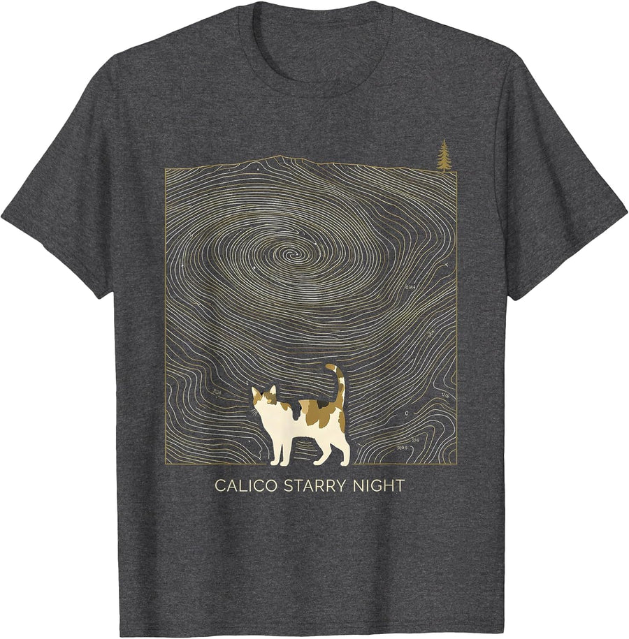 Men's Calico Starry Night Whimsical Van Gogh Cat Lover Art T-Shirt - Dark Heather Grey