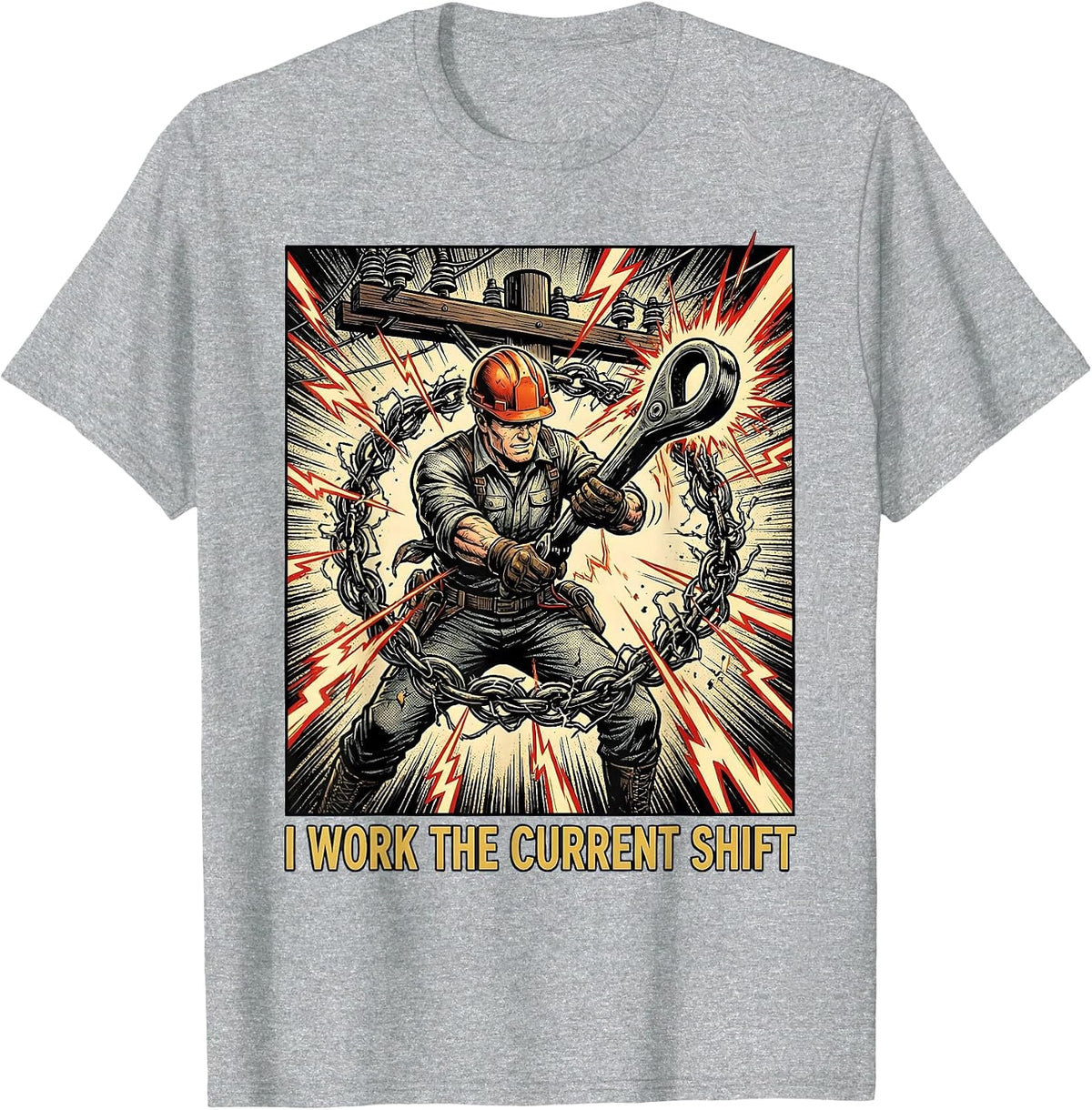 Men's I Work The Current Shift Funny Electrician Lineman Dark T-Shirt - Heather Grey