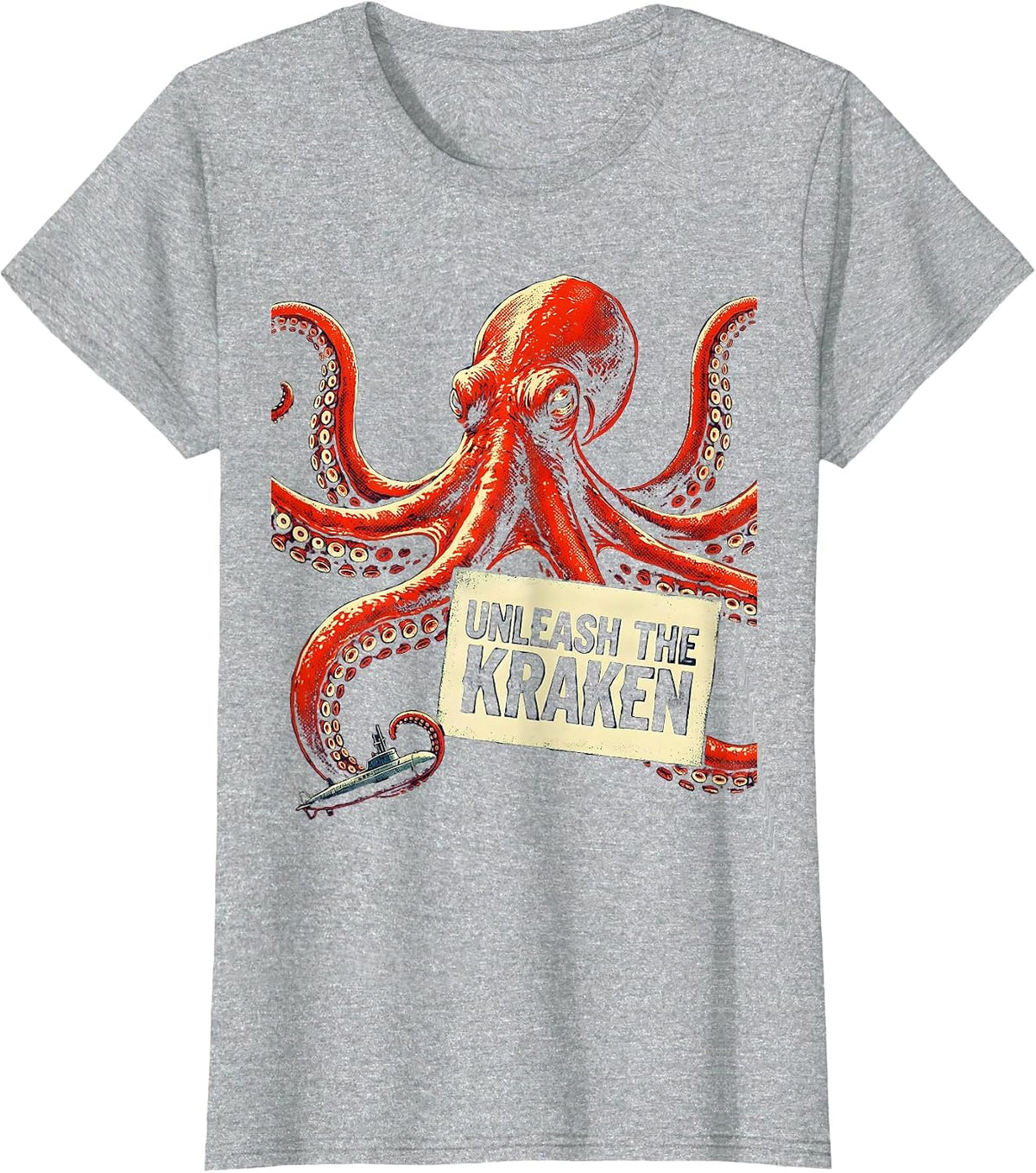 Women's Unleash The Kraken Stencil Graphic Octopus Lover Sea Monster T-Shirt - Heather Grey