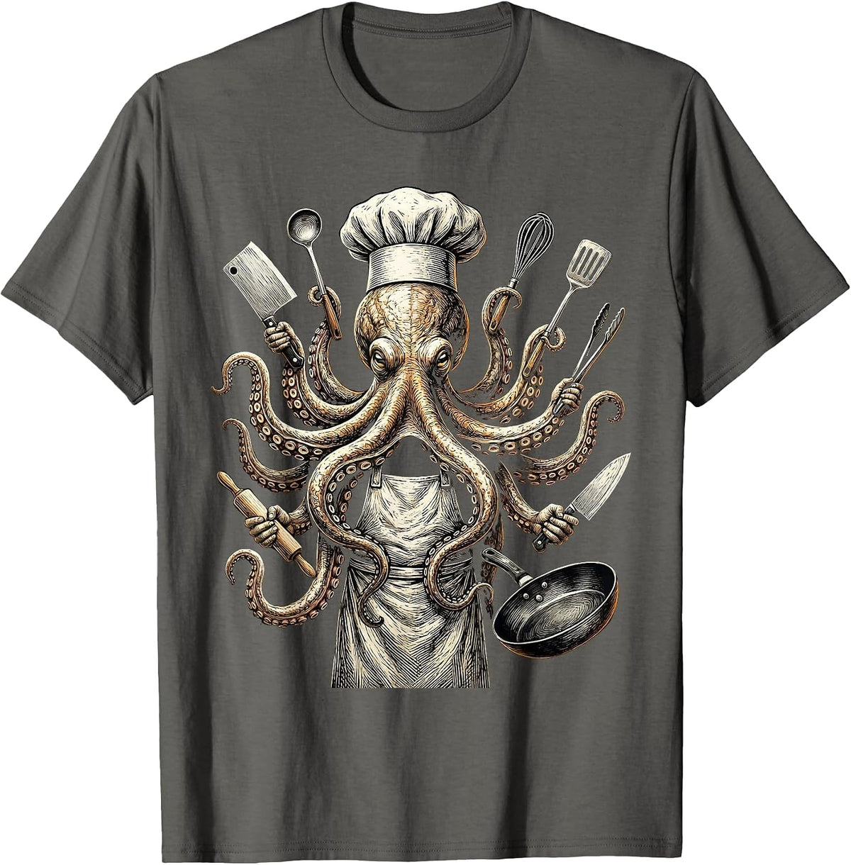 Men's Octopus Chef Holding Eight Kitchen Tools T-Shirt - Asphalt Grey