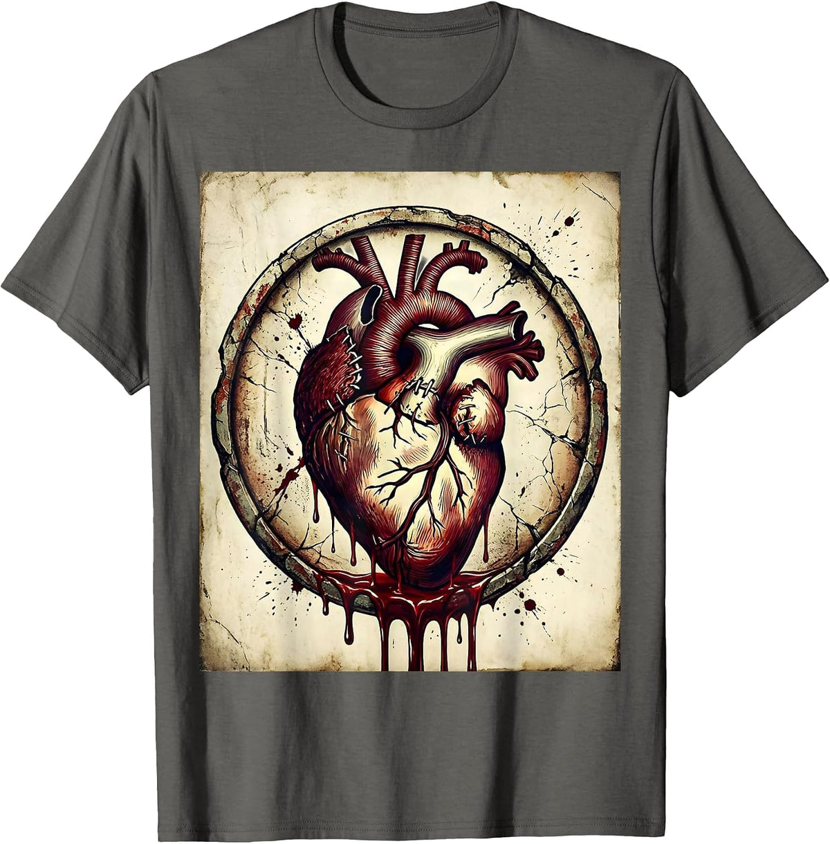 Men's Dripping Heart Torn Stitches Bloody Gothic Design T-Shirt - Asphalt Grey
