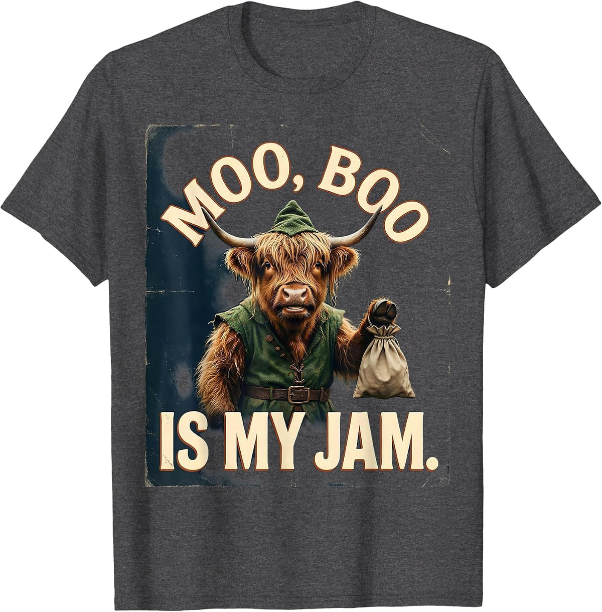 Moo, Boo Is My Jam Vintage Highland Cow Halloween Costume T-Shirt - Dark Heather Grey