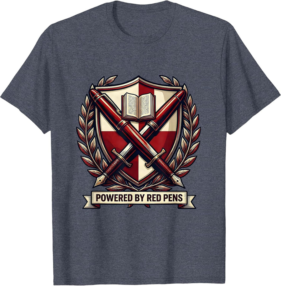 Powered by Red Pens English Teacher Design T-Shirt - Heather Blue