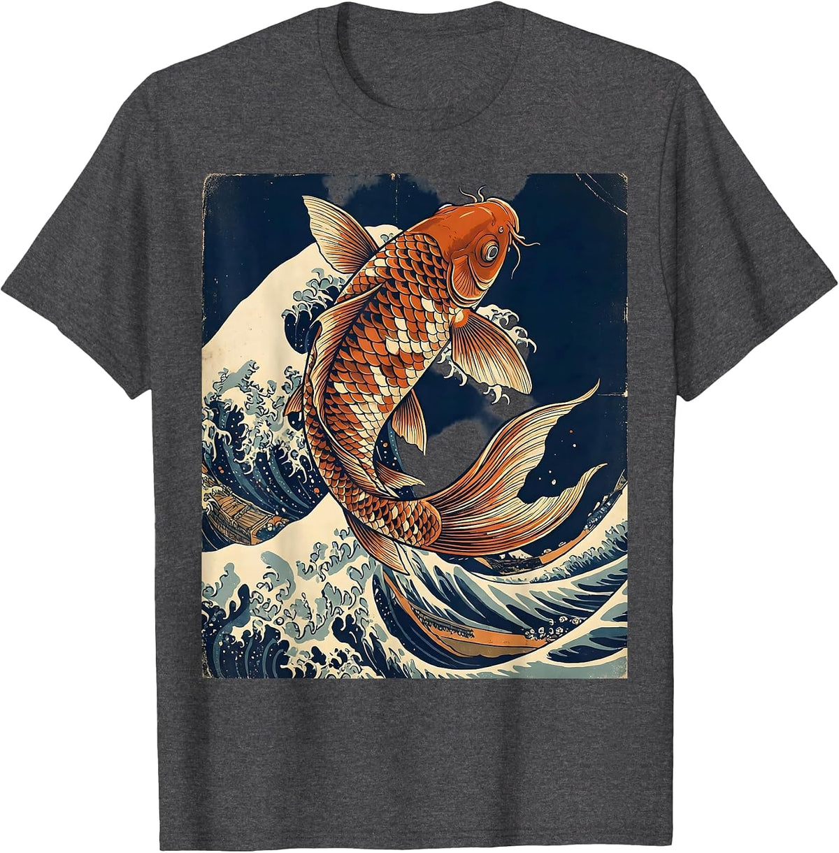 Koi Fish Leaping Through Crashing Wave T-Shirt - Dark Heather Grey